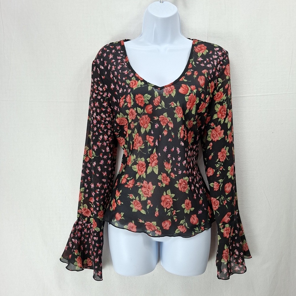 Vintage My Michelle Womens Dark Floral‎ Top Sheer Tie Back Bell Sleeve Romantic
